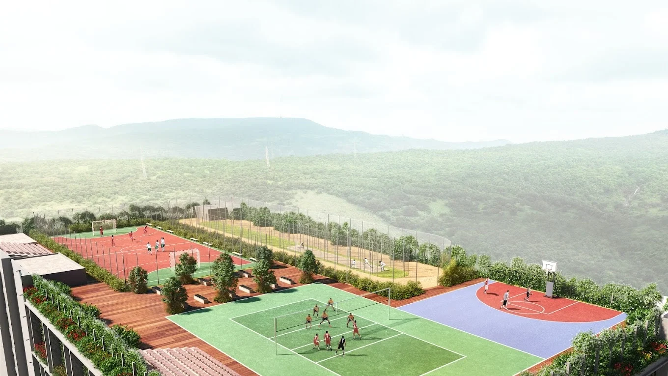 Sports arena terrace: Football field (3/5 a side) , Basketball half-court , Volleyball court , Enclosed cricket practice pitch, Running track